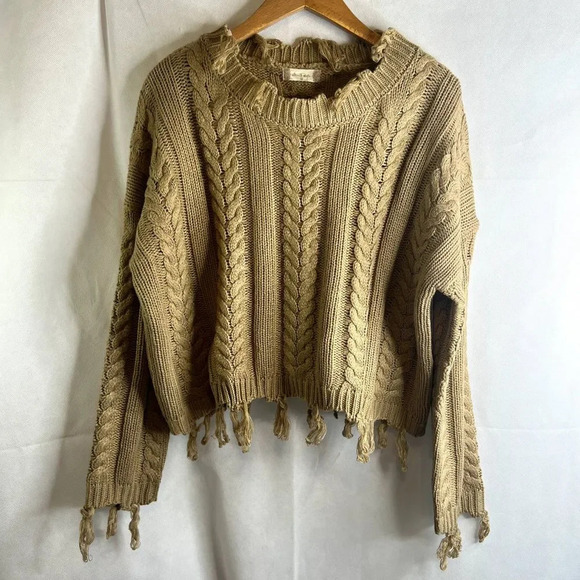 Altar'd State Scoop Neck Cable Knit Fringe Sweater Size Medium - Picture 9 of 9